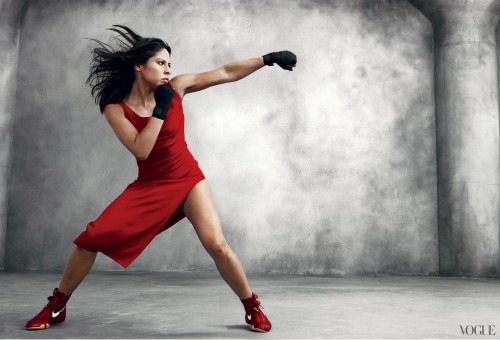 Woman boxing in dress